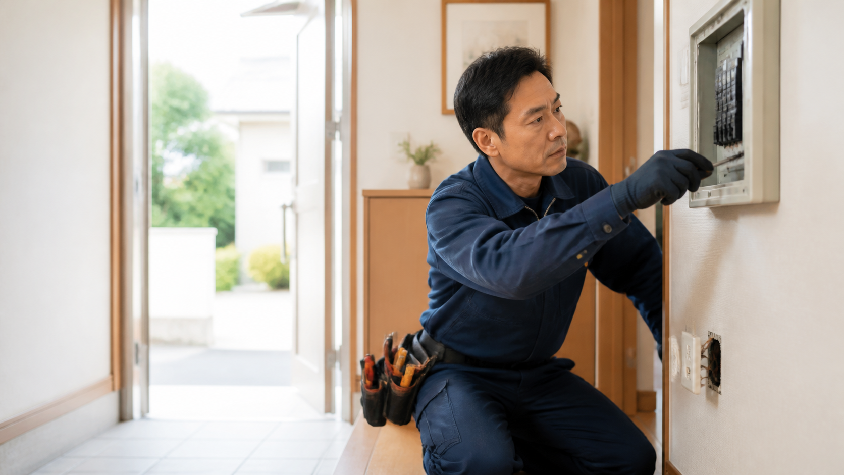 住宅でブレーカーを点検する電気工事士
